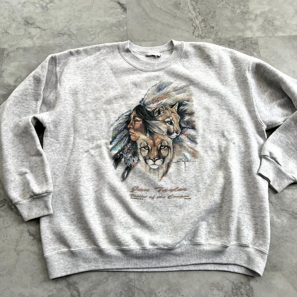 Vintage Jan Taylor Cougar Nature Native Crewneck Sweatshirt Artist Size Large L‎